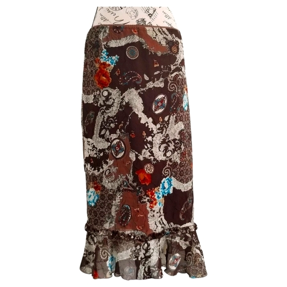 Y2K brown paisley floral ruffle hem maxi skirt - Picture 3 of 8